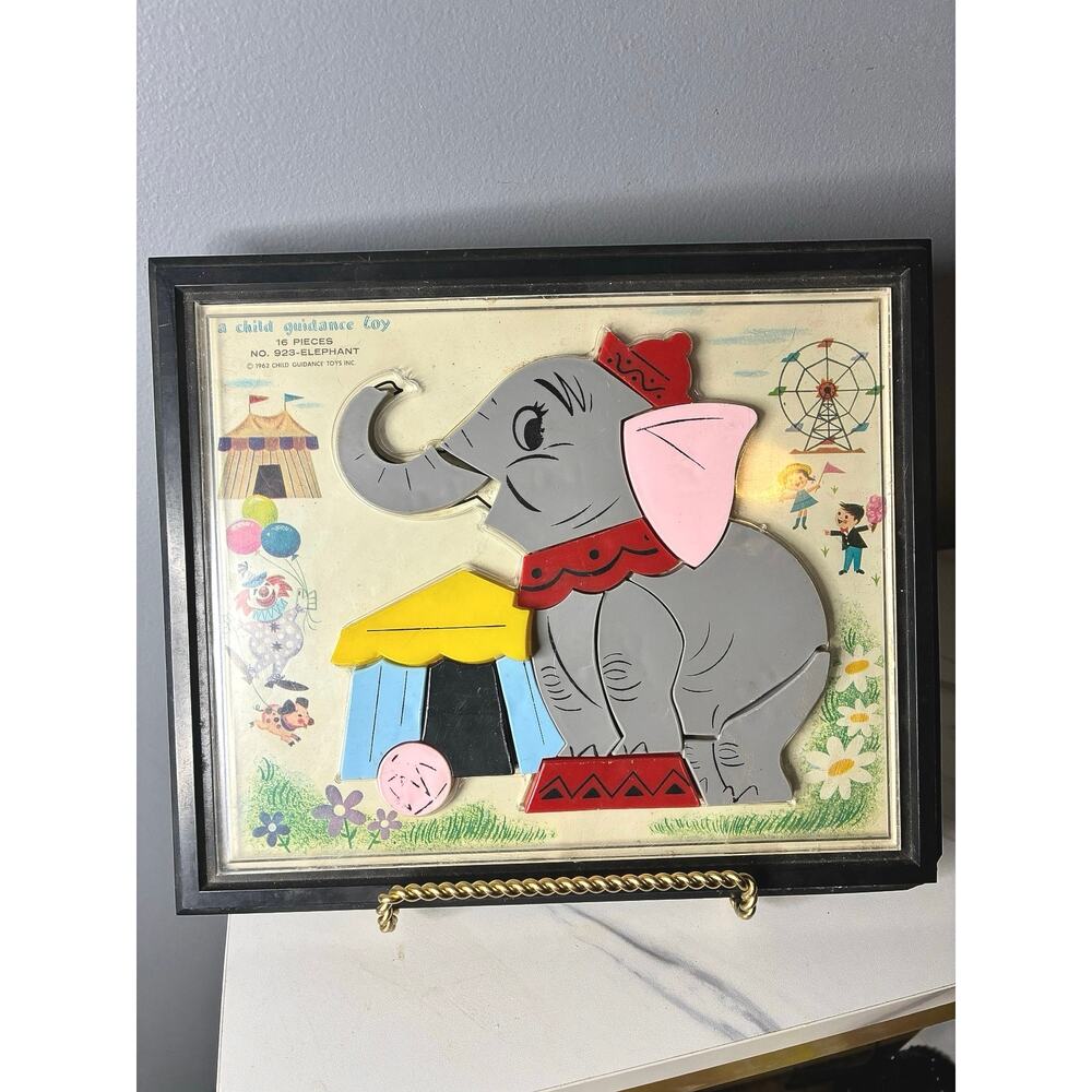 Vintage 1962 Child Guidance Elephant Puzzle – Framed Mid Century Wall Toy